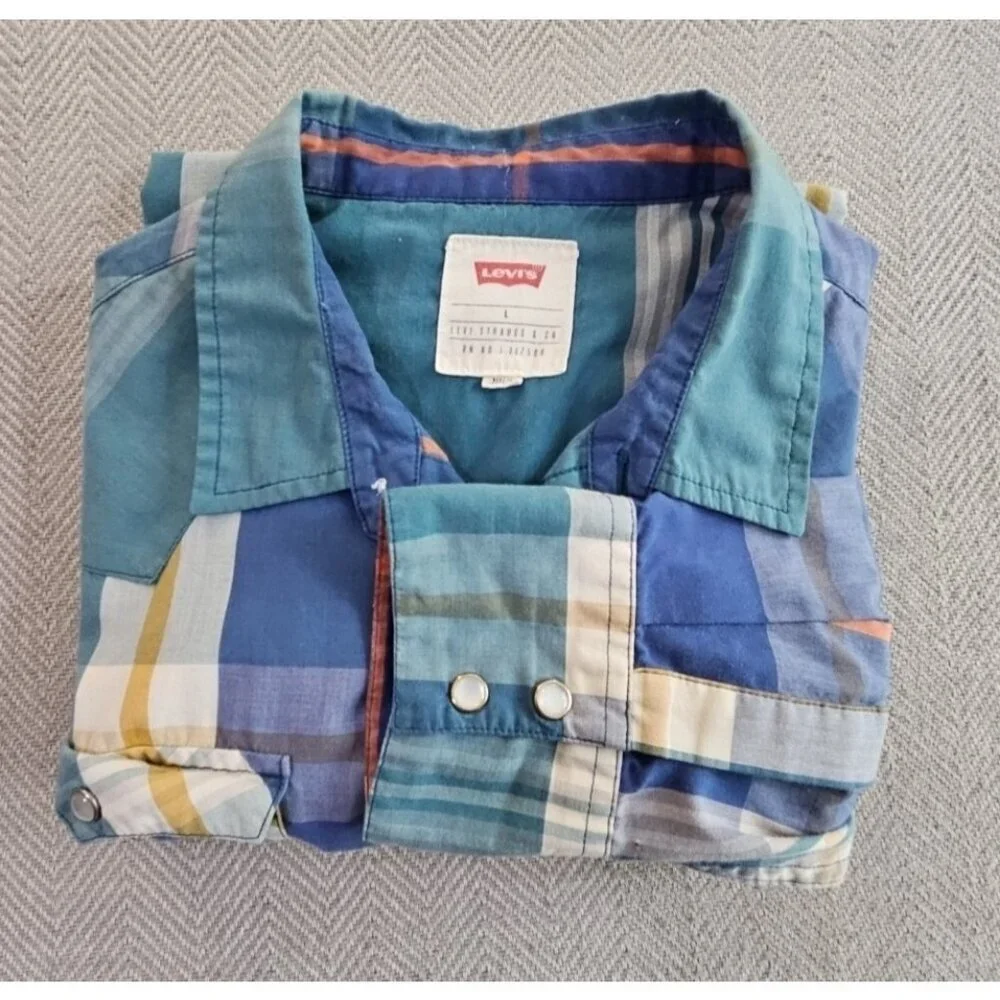 Levi's Western Pearl Snap Shirt Men's Large Green Blue Long‎ Sleeve EUC Cowboy
